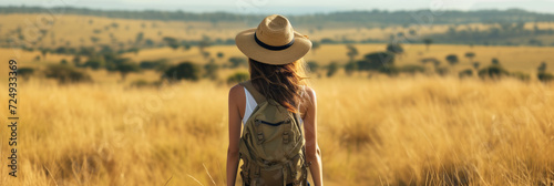 Back view of solo woman traveler on safari in Africa. Exploring African nature, watching animals in the savannah. Adventure and wildlife exploration. © MNStudio
