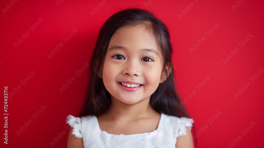 Young Asian girl on red background.