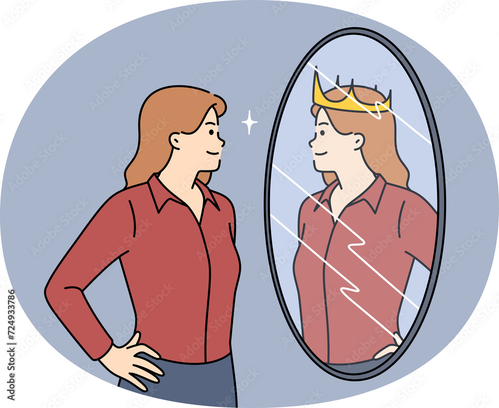 Success Mirror Ambitious woman looks in mirror and sees own reflection with crown ...