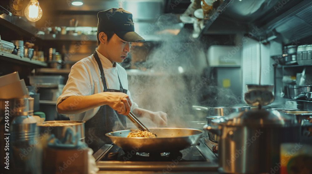Asian male chef making ramen in the kitchen. Asian male chef making ramen in the kitchen.