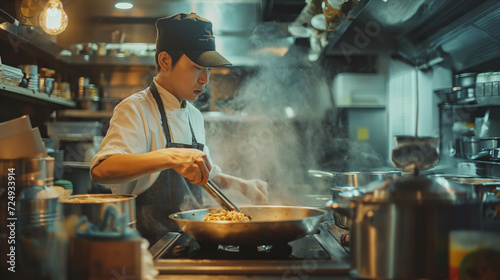 Asian male chef making ramen in the kitchen. © S photographer