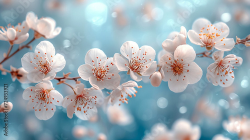 Branch with blooming white flowers of a fruit tree in spring with copy space