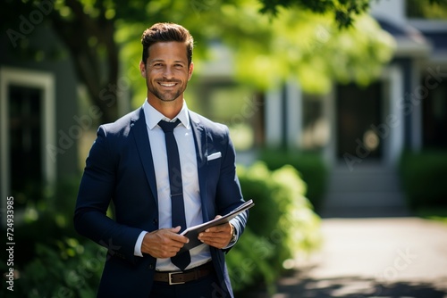 Experience the assurance of a confident American real estate agent, standing in front of an attractive modern home, radiating knowledge and approachability photo