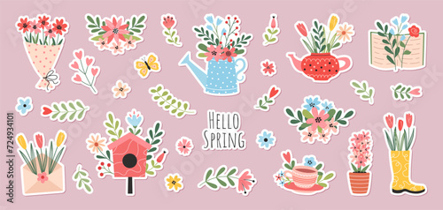 Set of spring hand drawn decorative stickers. Flowers, branches, bouquets, watering can, teapot, birdhouse. Spring holidays. Perfect for Valentine's Day, Women's Day, Easter, Mother's Day.