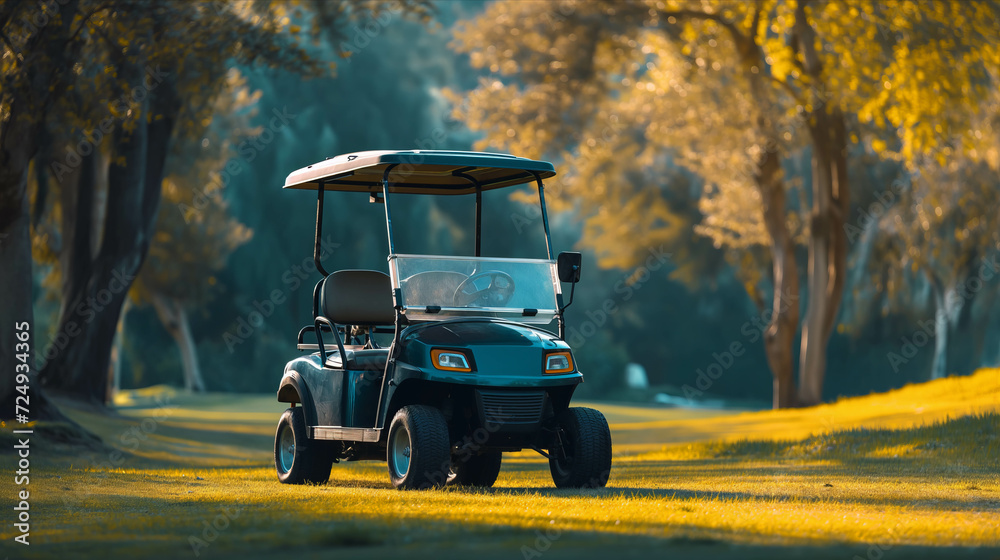 Golf cart parked on the golf course.