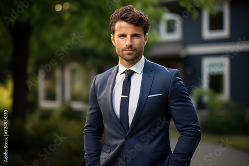Experience the assurance of a confident American real estate agent, standing in front of an attractive modern home, radiating knowledge and approachability
