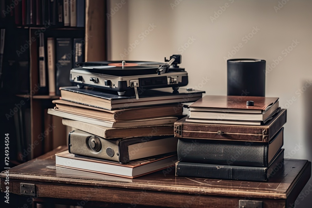 Stack of books on the desk, with a turntable in the backdrop. notion of leisure time relaxation - obrazy, fototapety, plakaty 