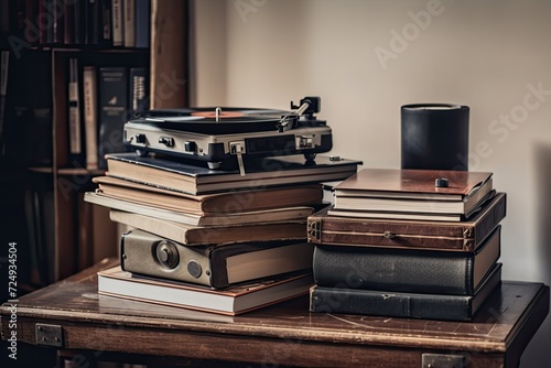 Stack of books on the desk, with a turntable in the backdrop. notion of leisure time relaxation