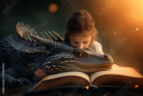 Little child reading fairytale book about magical adventures. Kid hugging golden dragon while reading fantasy story, surrounded with mystical warm glow. Encouraging kids to read books.