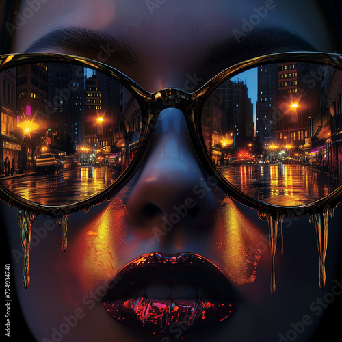 AI generated woman wearing glasses. Reflection of city in the glasses. 