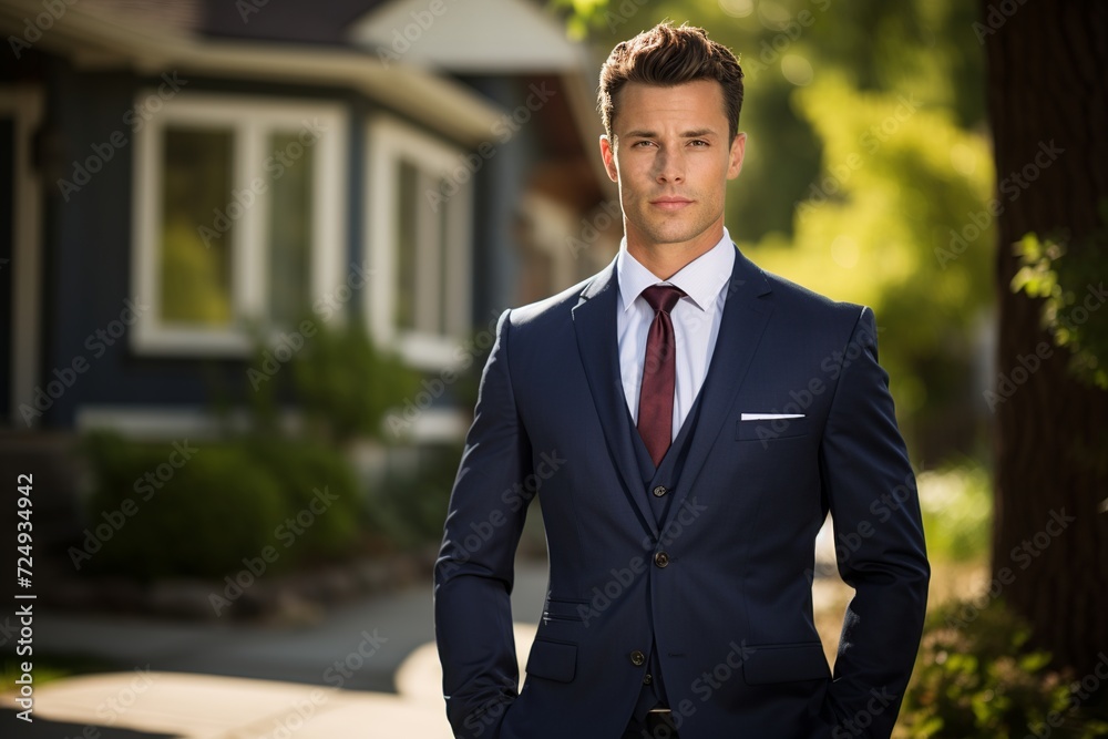 Experience the assurance of a confident American real estate agent, standing in front of an attractive modern home, radiating knowledge and approachability Experience the assurance of a confident American real estate agent, standing in front of an attractive modern home, radiating knowledge and approachability