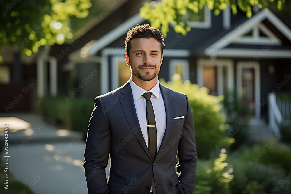 Experience the assurance of a confident American real estate agent, standing in front of an attractive modern home, radiating knowledge and approachability Experience the assurance of a confident American real estate agent, standing in front of an attractive modern home, radiating knowledge and approachability