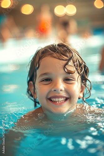 Happy child in a water park swimming pool  sunny day
