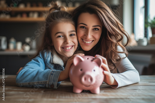 Mother and her young daughter holding a piggy bank. Teaching child basic economy. Kids saving money. Financial education.