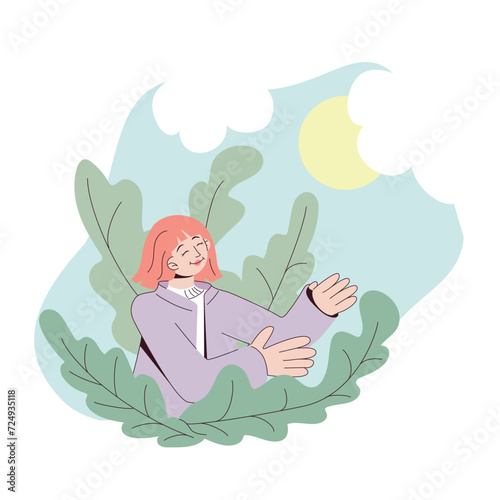 Happy girl with plants. Selflove concept poster