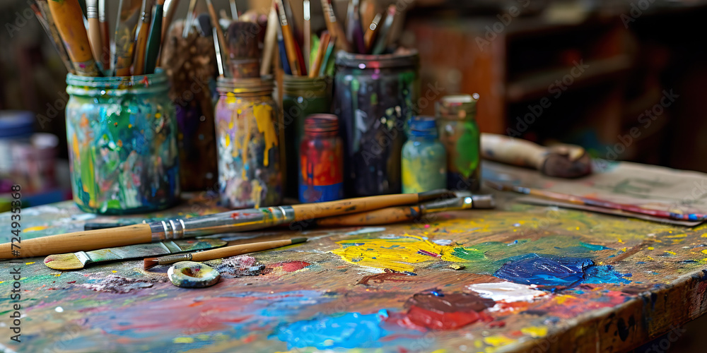 Brushes and Palettes: A Painter's Table Adorned with Artistic Tools, Offering a Glimpse into the Creative Realm of an Artist at Work