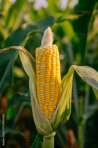 Peeled corn lies on the corn field background.