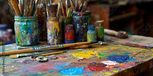 Brushes and Palettes: A Painter's Table Adorned with Artistic Tools, Offering a Glimpse into the Creative Realm of an Artist at Work