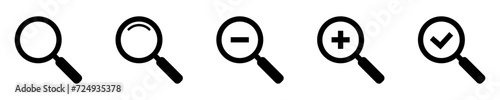 Magnifying glass simple icon collection. Search icon set, zoom in and zoom out icons. Magnifier or loupe with check mark sign. Vector illustration.