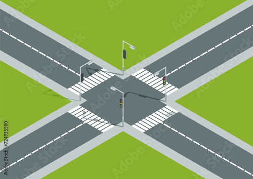 City crossroad isometric view with road markings, traffic lights pedestrian zebra crossing. Urban traffic map for transport,  graphic design elements. Empty road without cars