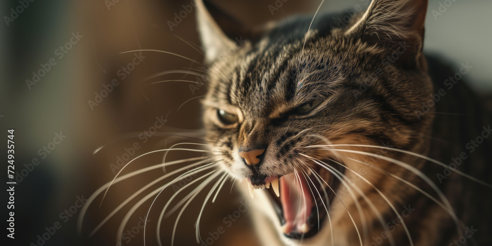 Angry tabby cat hissing in attempt to scare away an assaulter. Aggressive cat hisses with it's mouth open, showing fangs.