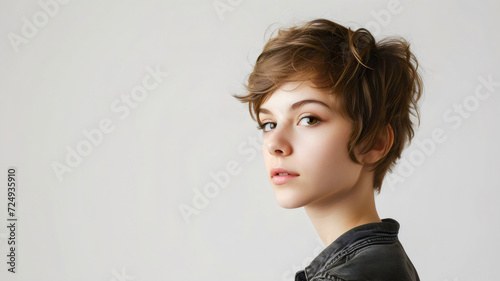 A young woman with the pixie cut hairstyle isolated on the white background with copy space photo
