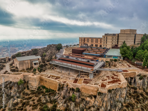 Aerial view of the excavated ruins of the ancient Jewish quarter Juderia synagogue in Lorca castle Spain 