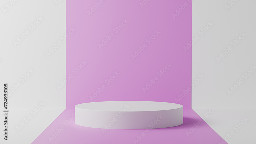Set of white realistic 3d cylinder pedestal podium with pink perspective rectangle background. Abstract vector rendering for product display presentation. Pastel minimal scene.