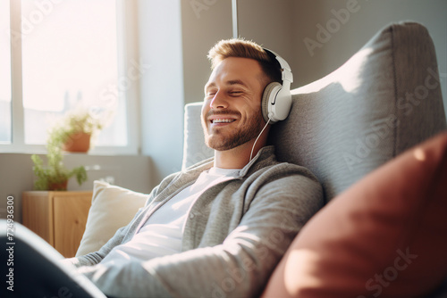 Photo image of a happy smiling person listening to relaxing calm classical music indoors created with generative AI photo