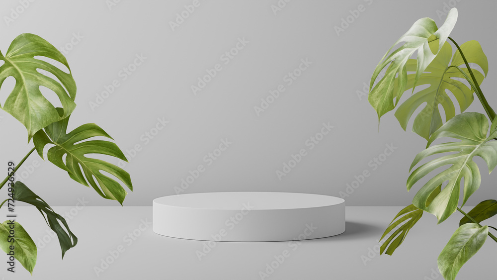 3d white background product display podium scene with leaf platform, Abstract product display podium, 3d rendering studio with geometric shapes, Cosmetic product minimal scene with platform.