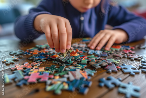 Little girl playing puzzles at home. Child connecting jigsaw puzzle pieces in a living room table. Kid assembling a jigsaw puzzle. Fun family leisure.