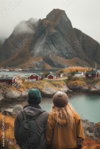 Back view of couple of travelers with a backpacks admiring scenic view of spectacular Norwegian nature. Breathtaking landscape of Norway. Hiking by foot.