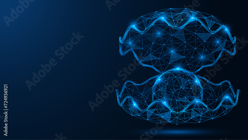 Pearl in an open shell. Polygonal design of interconnected lines and dots. Blue background.