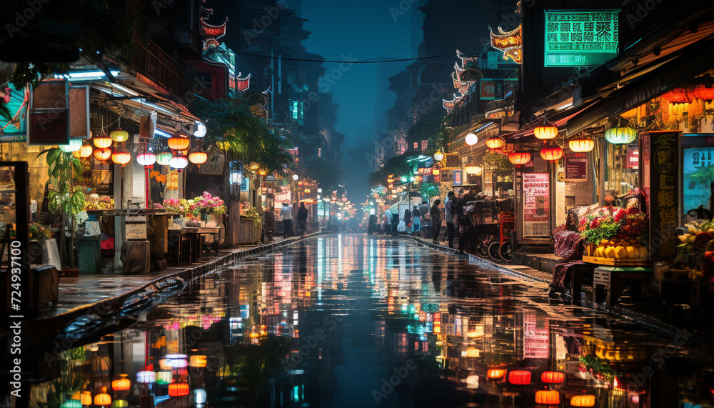 Nightlife in illuminated city streets, famous for architecture generated by AI