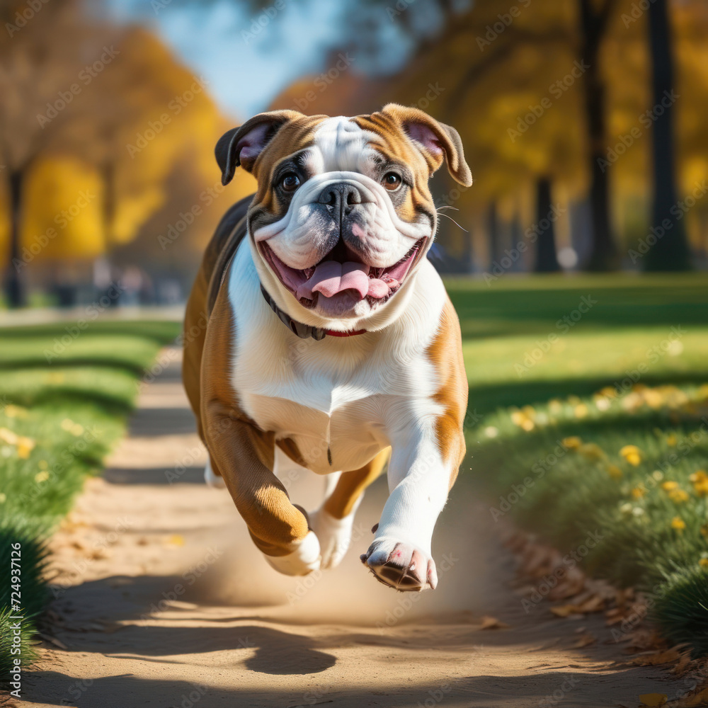 Happy Purebred English Bulldog Moving Toward The Camera Wrinkled Face Close Up. Flying dog. Generative AI Happy Purebred English Bulldog Moving Toward The Camera Wrinkled Face Close Up. Flying dog. Generative AI