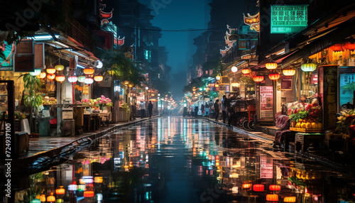 Nightlife in illuminated city streets  famous for architecture generated by AI