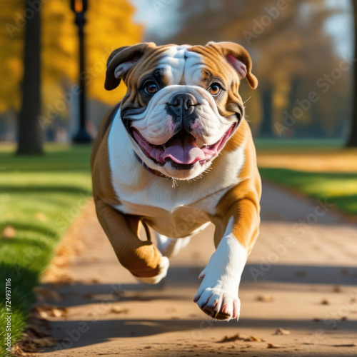 Happy Purebred English Bulldog Moving Toward The Camera Wrinkled Face Close Up. Flying dog. Generative AI