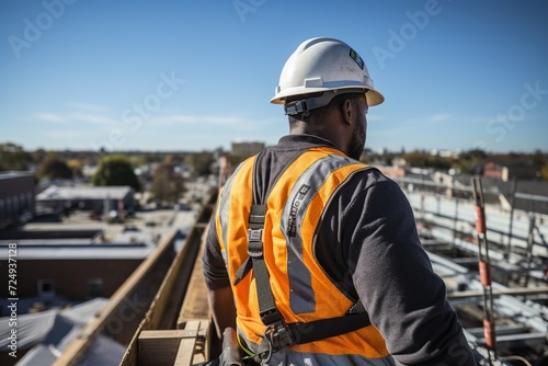 Witness the dedication of a construction worker wearing a safety uniform as they diligently work on the roof structure of a building at a bustling construction site