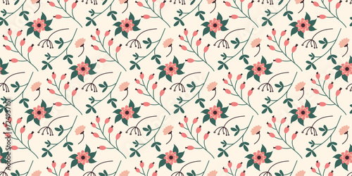 Spring flowers seamless Pattern in flat style. Summer meadow leaves design. Floral endless simple decorative vector illustration for print and Mother and Women Day background