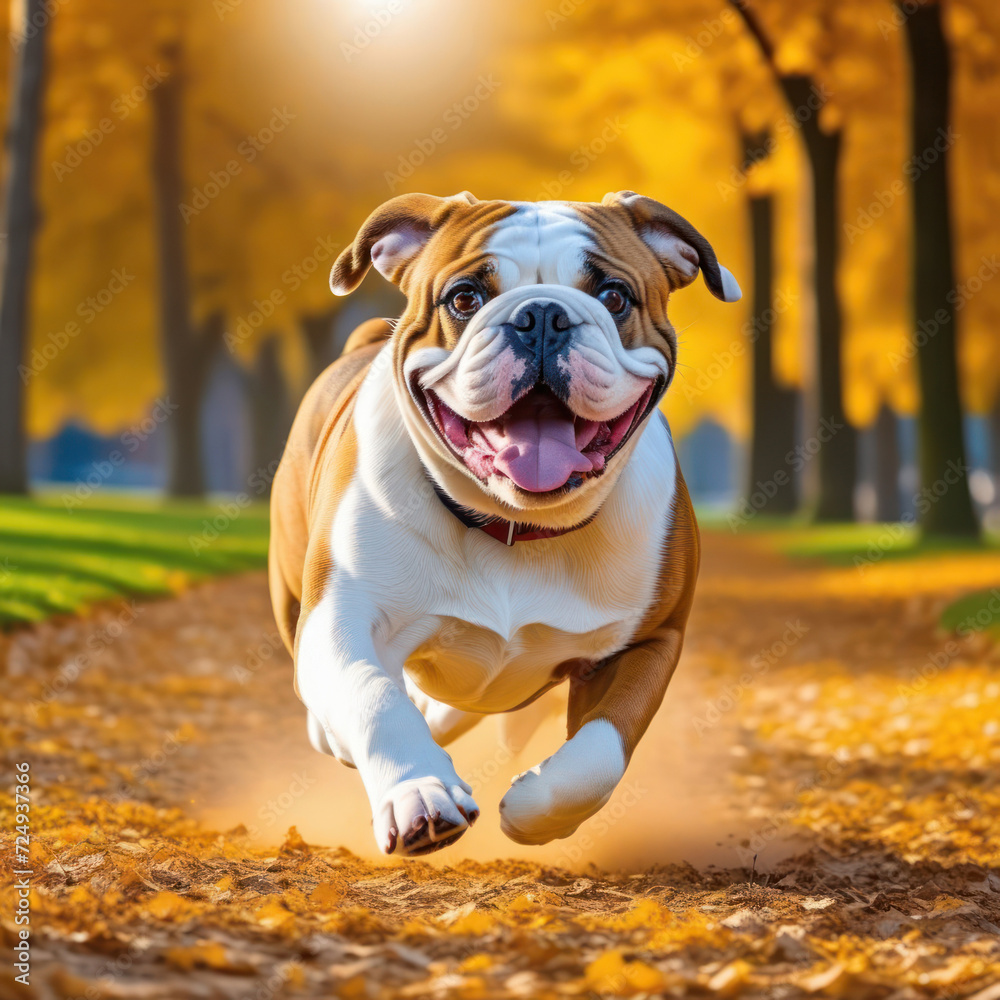 Happy Purebred English Bulldog Moving Toward The Camera Wrinkled Face Close Up. Flying dog. Generative AI