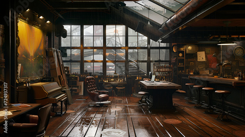 Big studio, artwork inside, workstation, bar, rusty, glass window from ceiling to floor, wood floor, industrial feel