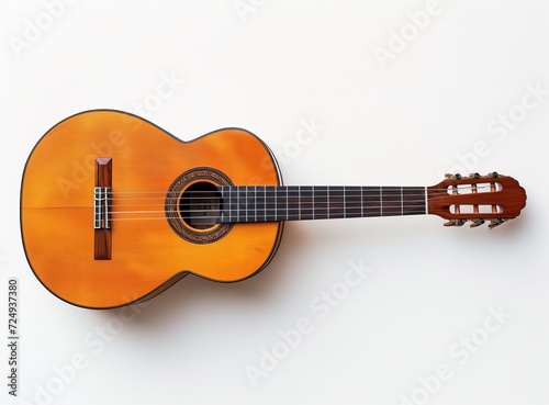 A classic wooden guitar isolated on a white background, showcasing its detailed craftsmanship and elegant design.