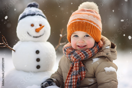 Happy children family making funny snowman outdoors spend weekend leisure outside Generative AI