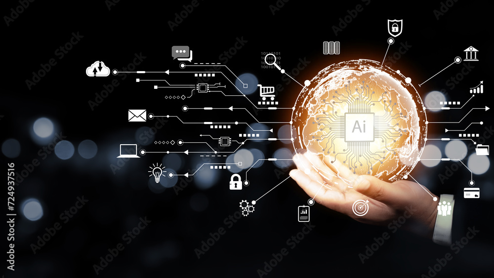 Ai technology, Artificial Intelligence. man using technology smart robot AI, artificial intelligence by enter command prompt for generates something, Futuristic technology transformation. Chat with AI Ai technology, Artificial Intelligence. man using technology smart robot AI, artificial intelligence by enter command prompt for generates something, Futuristic technology transformation. Chat with AI