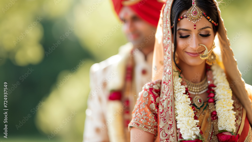 Indian bride and groom at amazing hindu wedding ceremony. Details of traditional indian wedding. Beautifully decorated hindu wedding accessories. Indian marriage traditions.