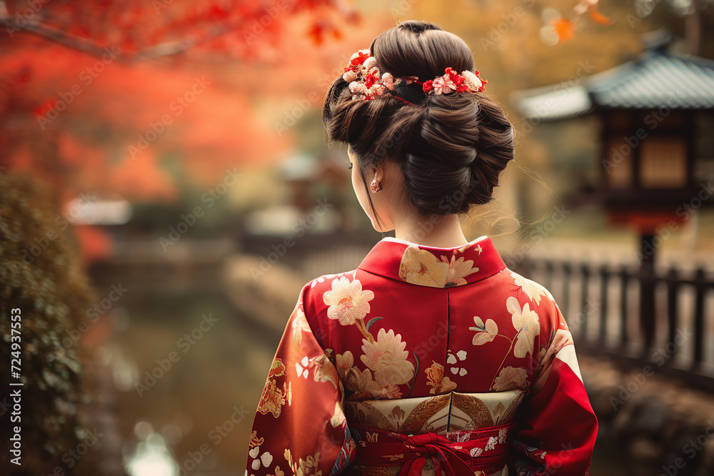 Generative AI picture of stunning chinese lady wear kimono walking on beautiful landscape