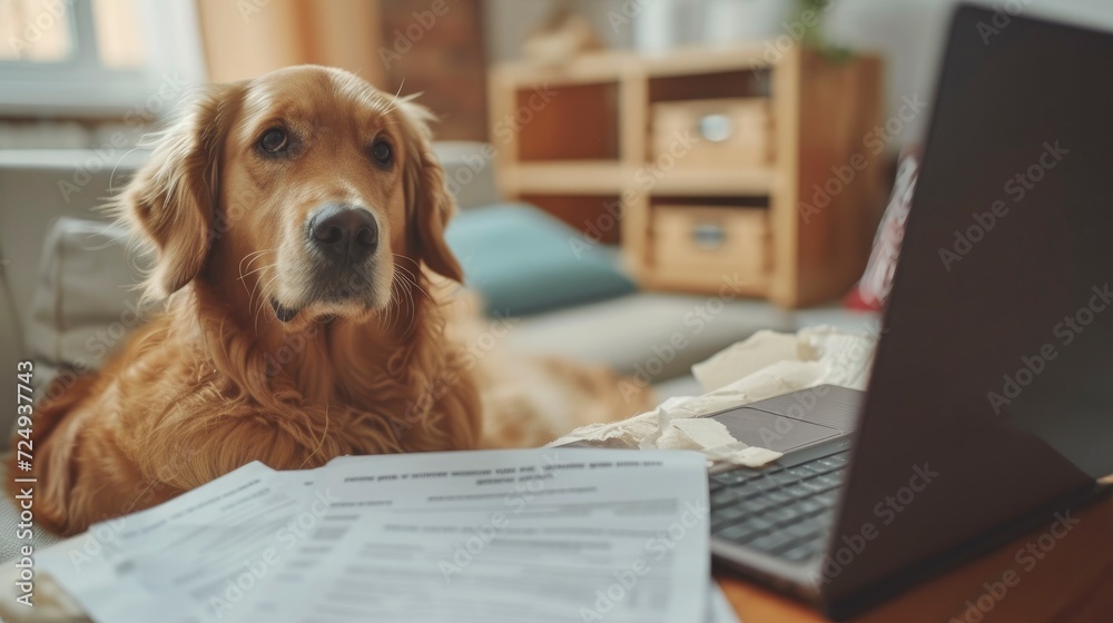 Close-up of a Golden Retriever Dog Holding a Resume, Eagerly Awaiting the Interviewer in the Interview Room - Best Job Candidate - obrazy, fototapety, plakaty 