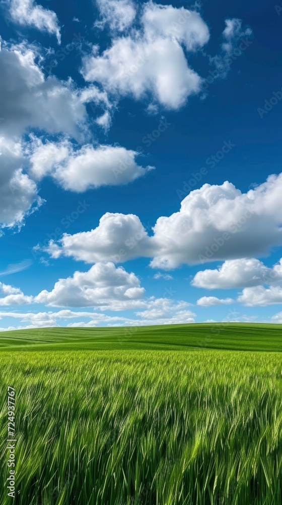 Green grass field against cloud and blue sky