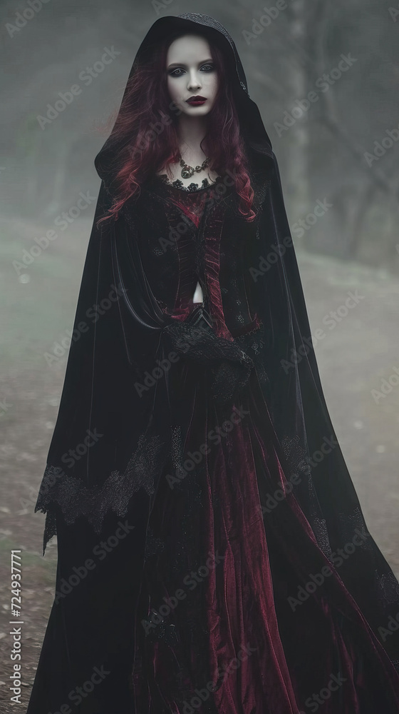 Red Hair Woman Emerging from Mist, She Takes Human Form with an Ethereal Aura, A Vision of Elegance - Tall, Lithe, and Cloaked in Black Velvet, a Mysterious Figure in the Spotlight Red Hair Woman Emerging from Mist, She Takes Human Form with an Ethereal Aura, A Vision of Elegance - Tall, Lithe, and Cloaked in Black Velvet, a Mysterious Figure in the Spotlight