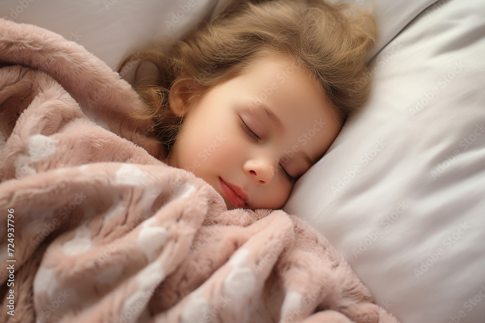 Generative AI picture of adorable lovely cute girl sleeping in comfortable bed enjoying sweet dreams Generative AI picture of adorable lovely cute girl sleeping in comfortable bed enjoying sweet dreams